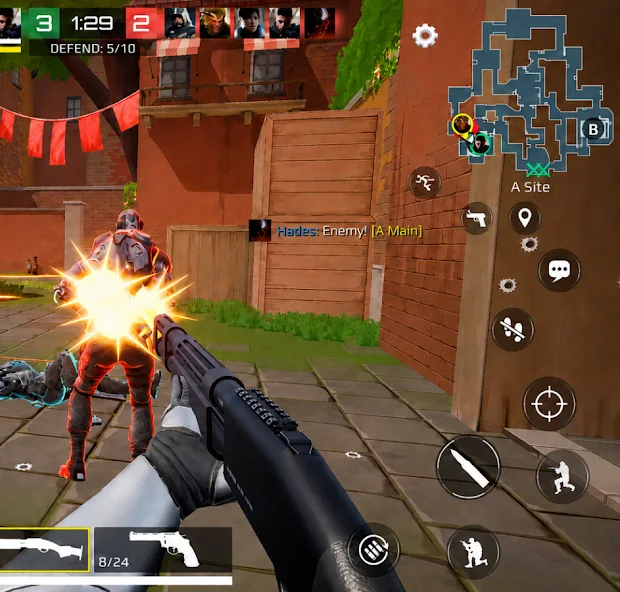 WEX gameplay capture: an attacker fighting through A Site with a shotgun